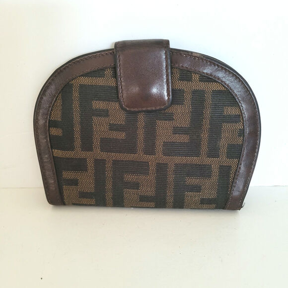 Fendi Zucca Wallet Canvas Leather Wallet Brown Purse Bifold Medium Horseshoe - Picture 1 of 11